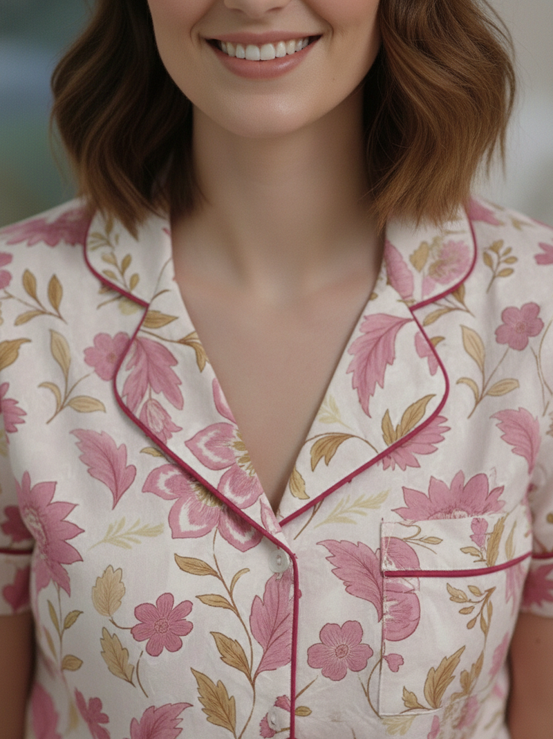 White Floral Printed Cotton Nightwear Shorts Set