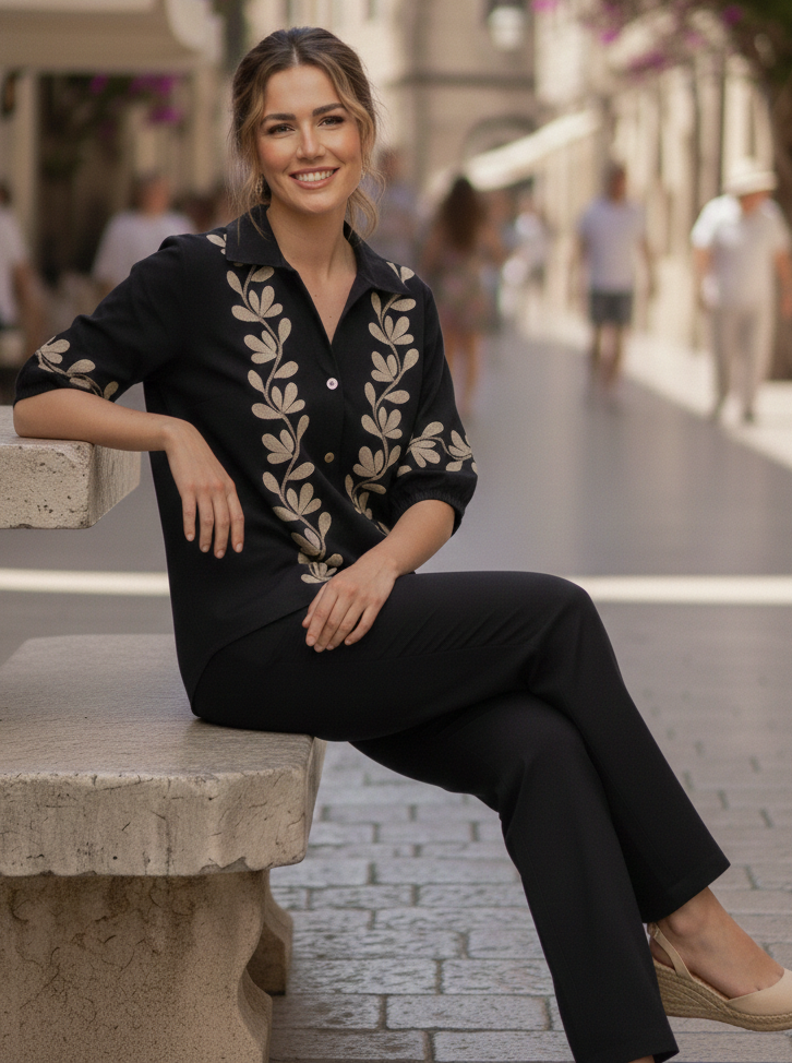 Black Embroidered Cotton Set SItting