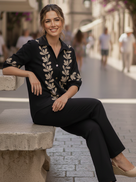 Black Embroidered Cotton Set SItting