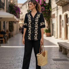 Black Embroidered Cotton Set Standing