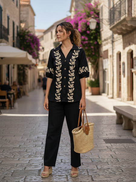 Black Embroidered Cotton Set Standing