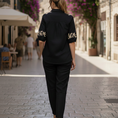 Black Embroidered Cotton Set Back