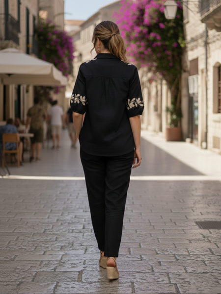 Black Embroidered Cotton Set Back