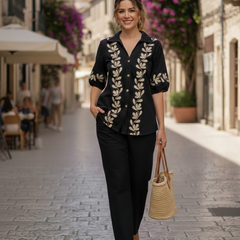 Black Embroidered Cotton Set Front