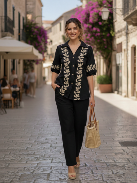 Black Embroidered Cotton Set Front