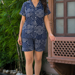 Blue Printed Cotton Nightwear Shorts Set