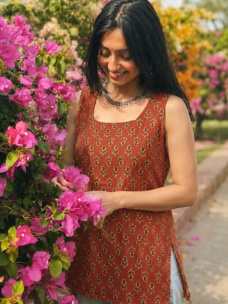 Floral Print Cotton Rust Brown Top