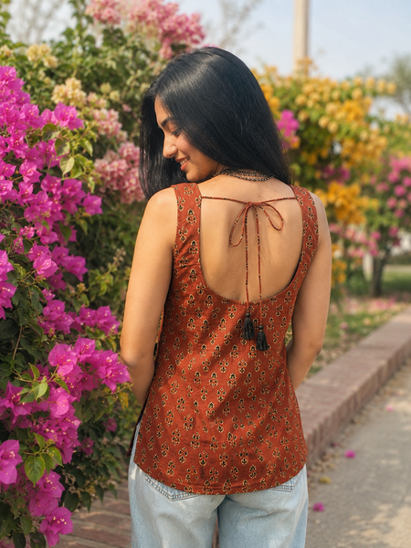 Floral Print Cotton Rust Brown Top
