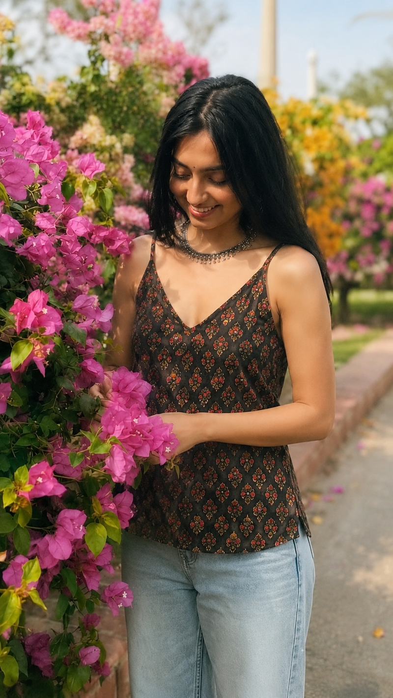 Floral Print Cotton Rust Brown Top