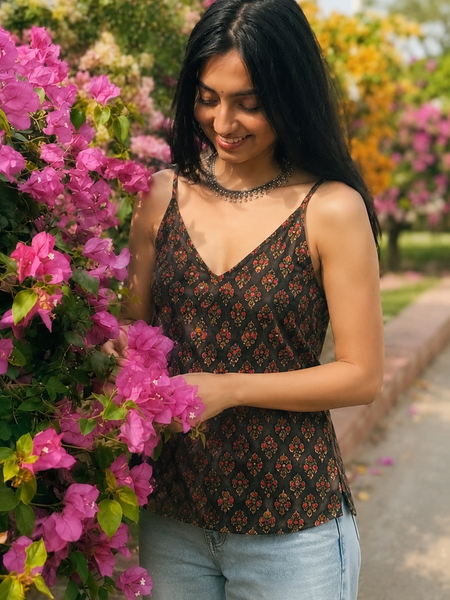 Floral Print Cotton Rust Brown Top