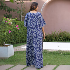 Indigo Leaf Print Kaftan Maxidress