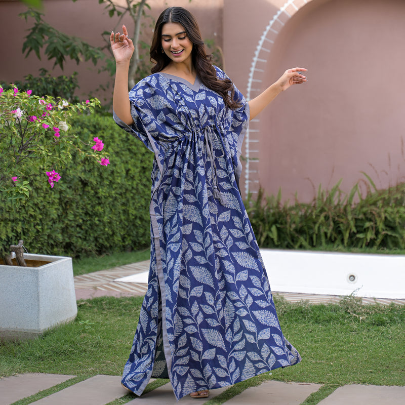 Indigo Leaf Print Kaftan Maxidress