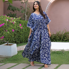 Indigo Leaf Print Kaftan Maxidress