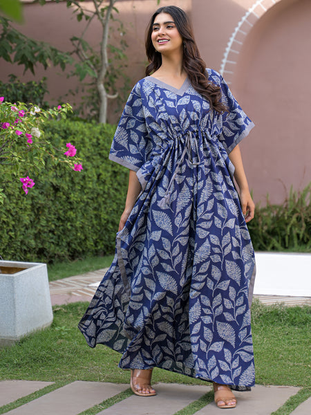 Indigo Leaf Print Kaftan Maxidress