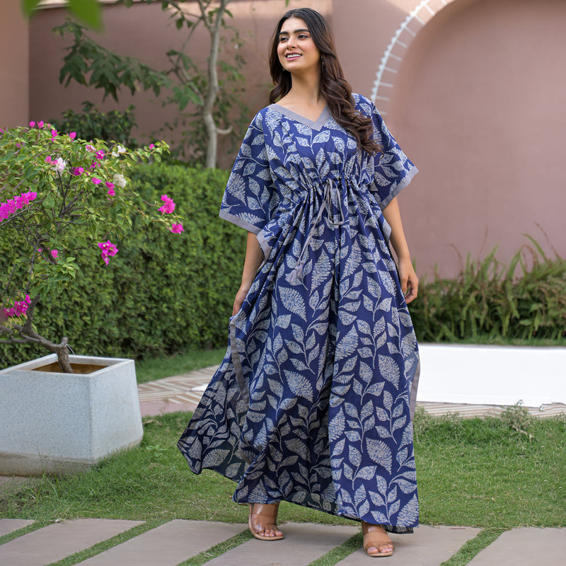 Indigo Leaf Print Kaftan Maxidress