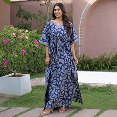 Indigo Leaf Print Kaftan Maxidress