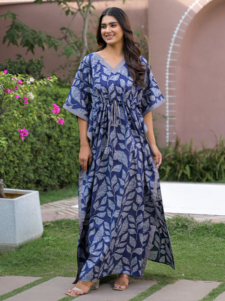 Indigo Leaf Print Kaftan Maxidress