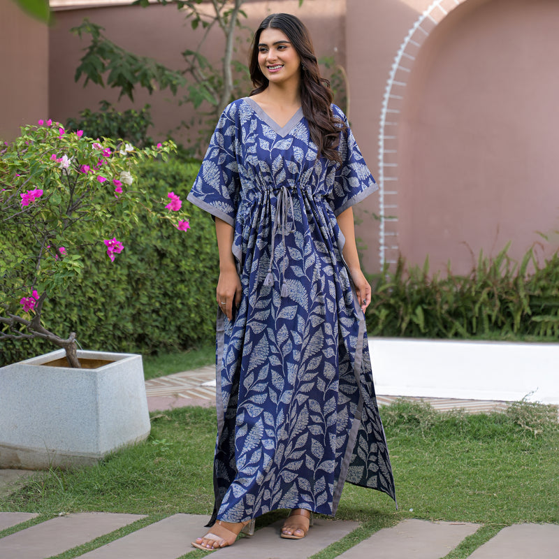 Indigo Leaf Print Kaftan Maxidress