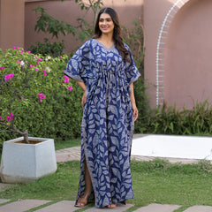 Indigo Leaf Print Kaftan Maxidress