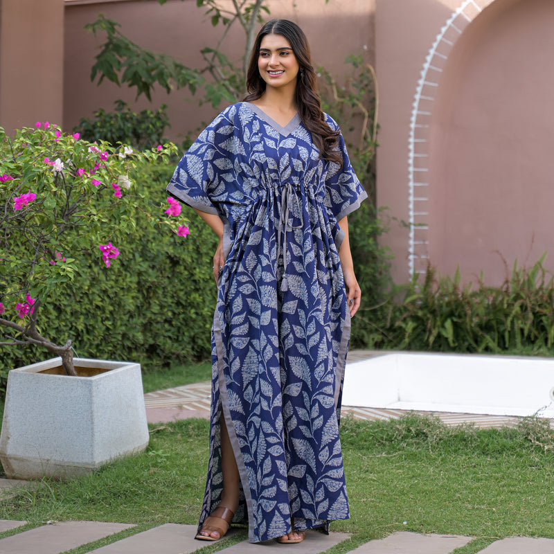 Indigo Leaf Print Kaftan Maxidress