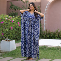 Indigo Leaf Print Kaftan Maxidress