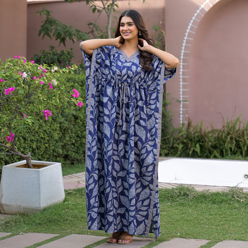 Indigo Leaf Print Kaftan Maxidress