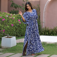 Indigo Leaf Print Kaftan Maxidress