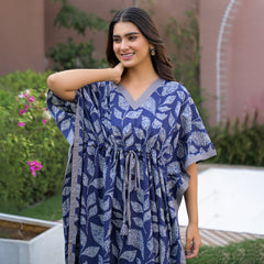 Indigo Leaf Print Kaftan Maxidress
