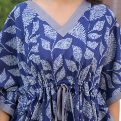 Indigo Leaf Print Kaftan Maxidress