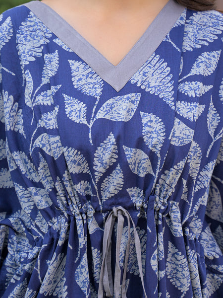 Indigo Leaf Print Kaftan Maxidress
