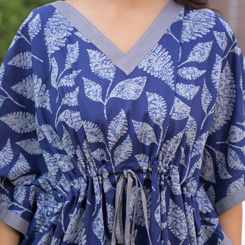 Indigo Leaf Print Kaftan Maxidress