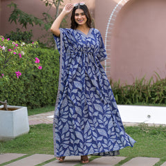 Indigo Leaf Print Kaftan Maxidress