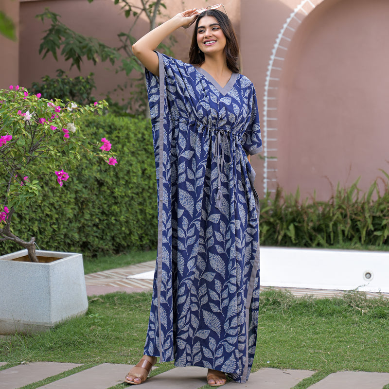 Indigo Leaf Print Kaftan Maxidress