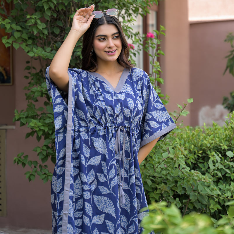 Indigo Leaf Print Kaftan Maxidress