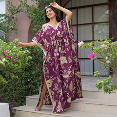 Maroon Floral Print Cotton Kaftan Lounge Wear