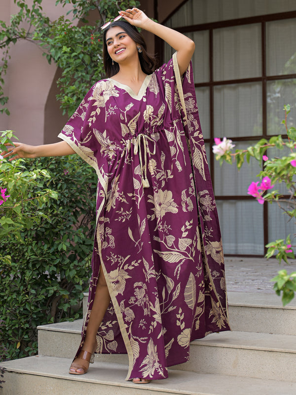 Maroon Floral Print Cotton Kaftan Lounge Wear
