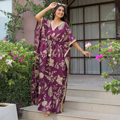 Maroon Floral Print Cotton Kaftan Lounge Wear