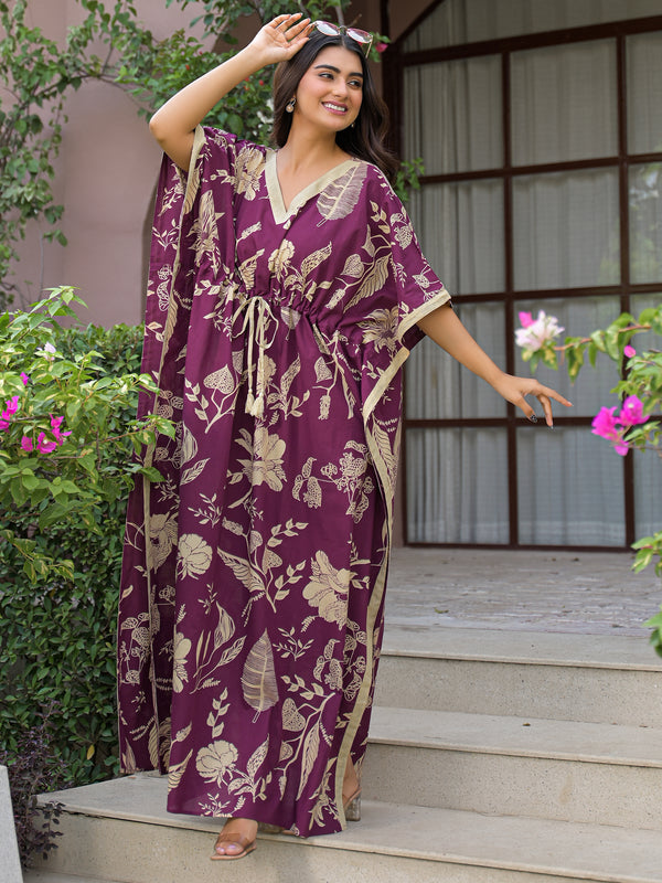 Maroon Floral Print Cotton Kaftan Lounge Wear