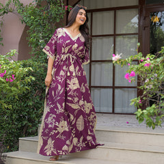 Maroon Floral Print Cotton Kaftan Lounge Wear