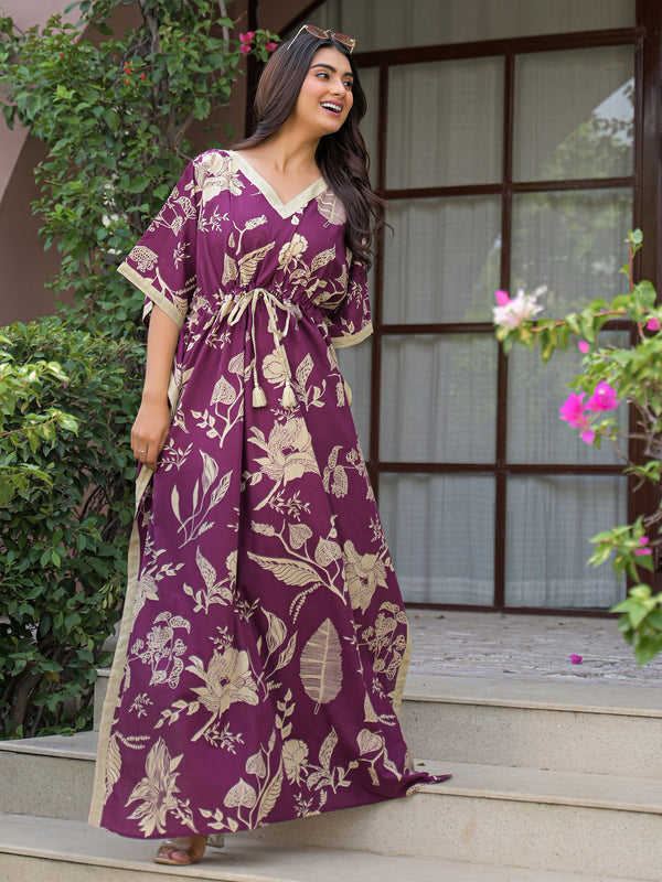 Maroon Floral Print Cotton Kaftan Lounge Wear
