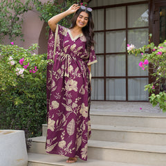 Maroon Floral Print Cotton Kaftan Lounge Wear