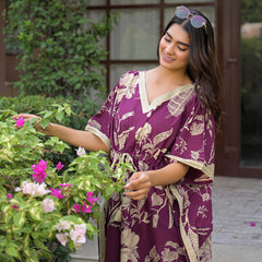 Maroon Floral Print Cotton Kaftan Lounge Wear