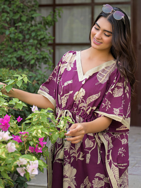 Maroon Floral Print Cotton Kaftan Lounge Wear