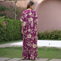 Maroon Floral Print Cotton Kaftan Lounge Wear