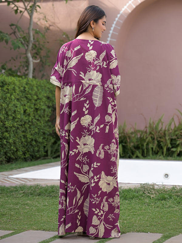 Maroon Floral Print Cotton Kaftan Lounge Wear