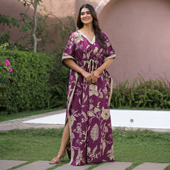 Maroon Floral Print Cotton Kaftan Lounge Wear