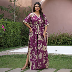 Maroon Floral Print Cotton Kaftan Lounge Wear