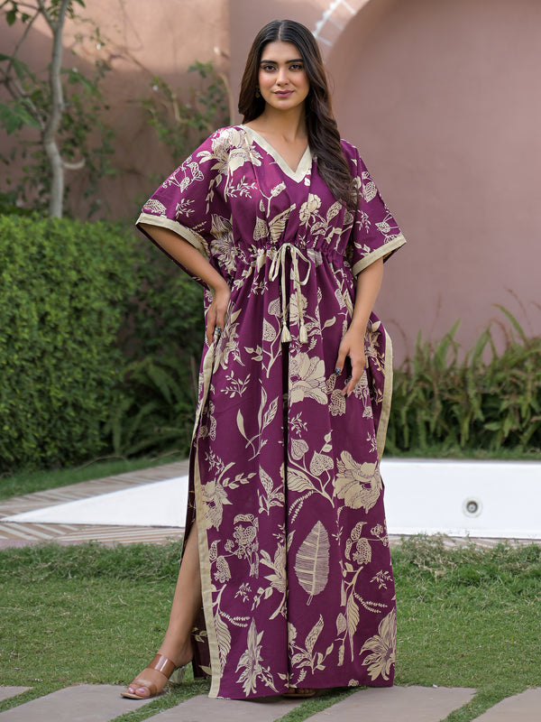 Maroon Floral Print Cotton Kaftan Lounge Wear