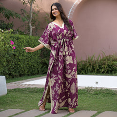 Maroon Floral Print Cotton Kaftan Lounge Wear