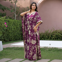 Maroon Floral Print Cotton Kaftan Lounge Wear